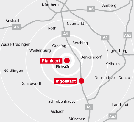 Anfahrt zu Eckstein Bedachungen in Pfahldorf und Ingolstadt